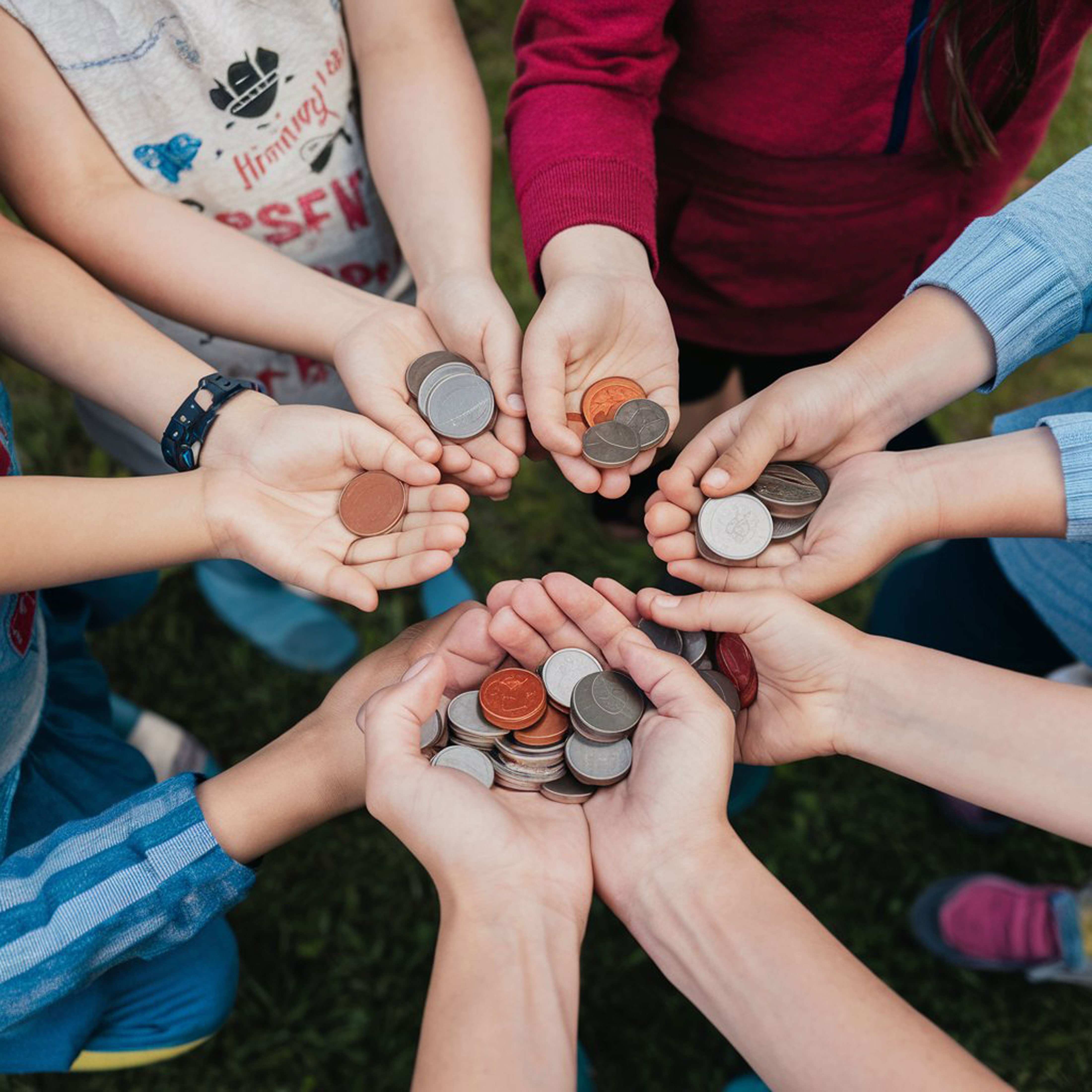 Das Bild zeigt 4 Hände, die Geld in 2 geöffnete Handflächen darunter legen.