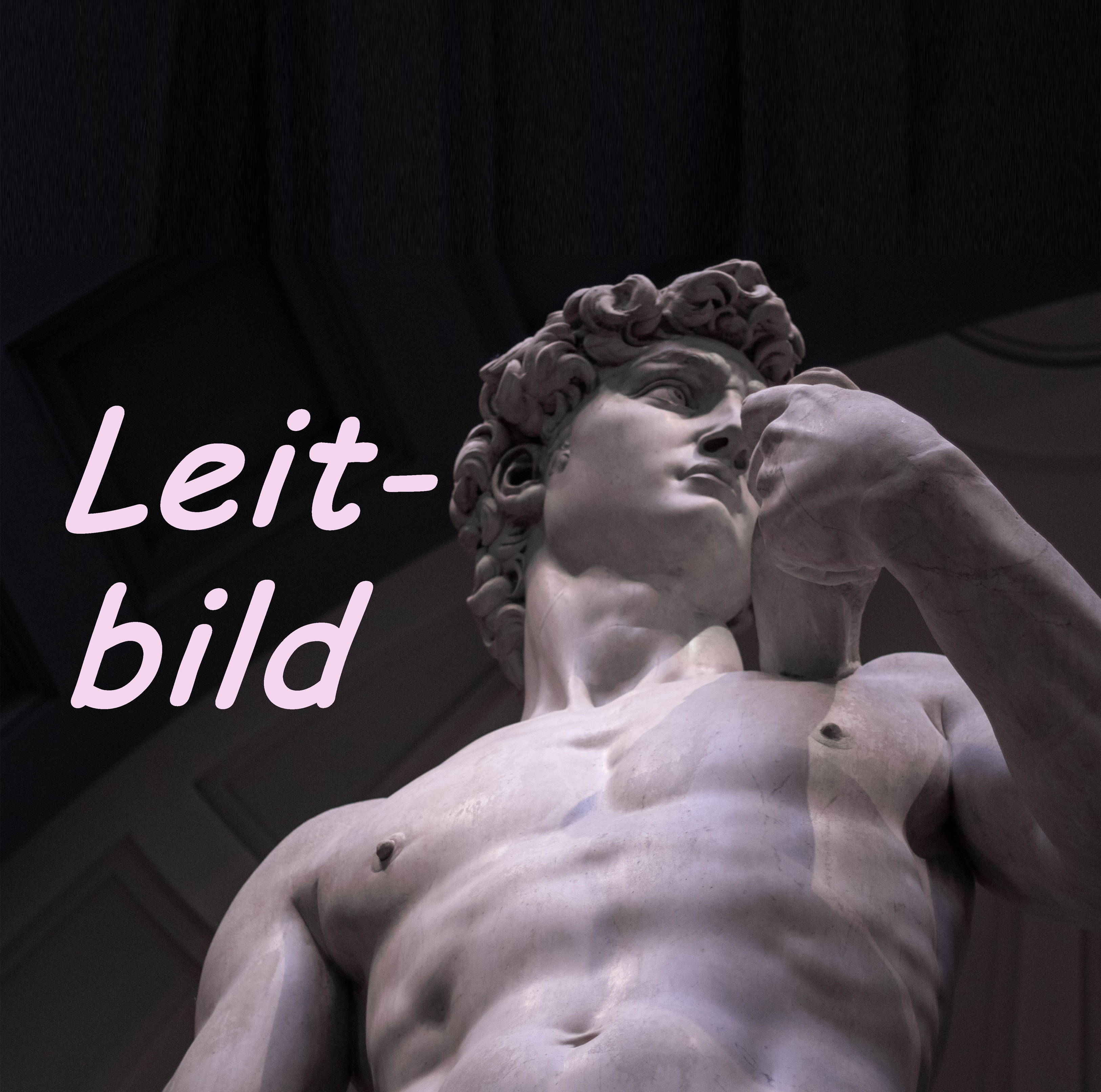 Das Bild zeigt die Skulptur David von Michelangelo und daneben den Schriftzug Leitbild.