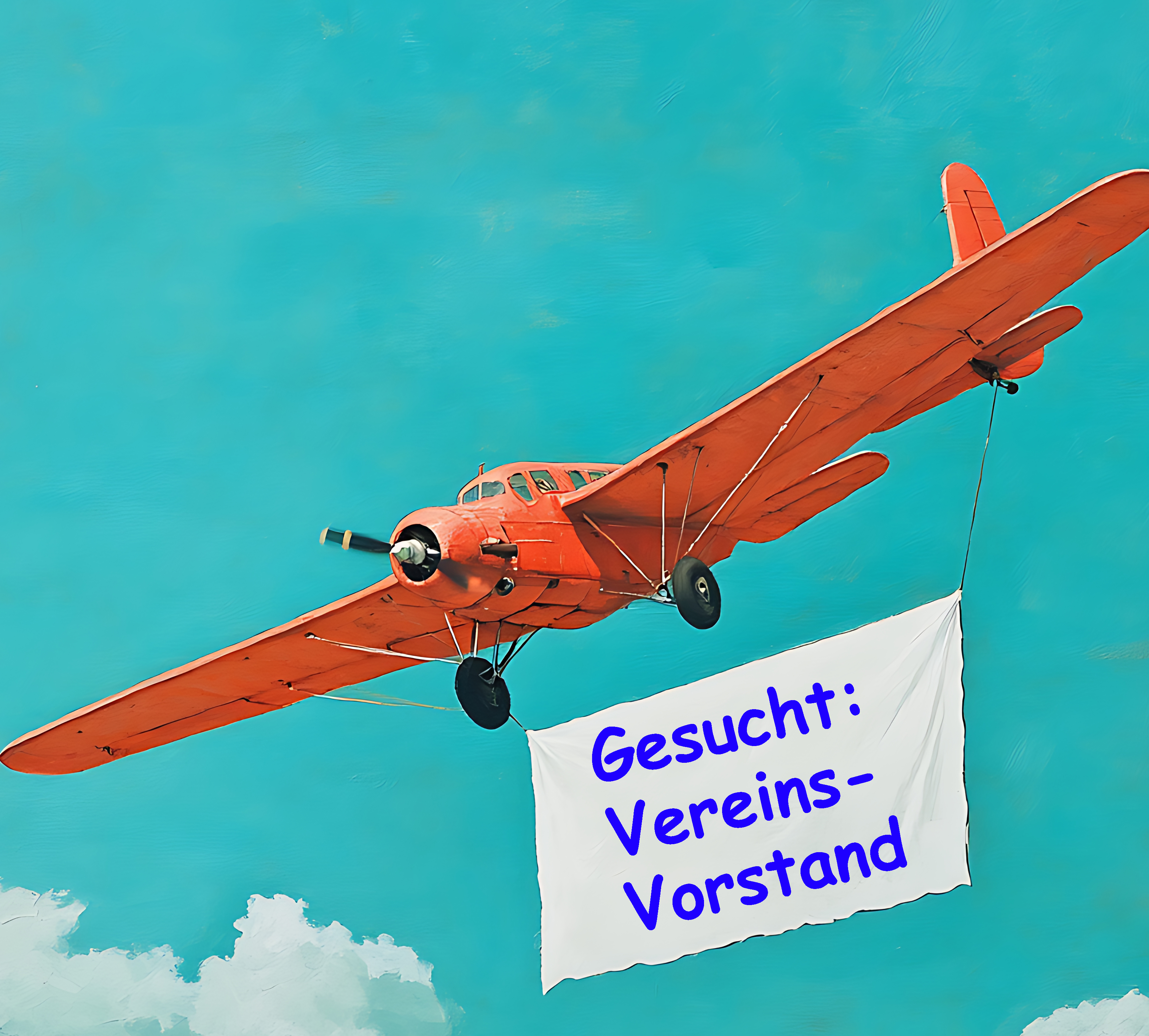 Das Bild zeigt ein fliegendes rotes Propellerflugzeug am blauen Himmel. Im Schlepptau hat es ein Transparent mit dem Text: 